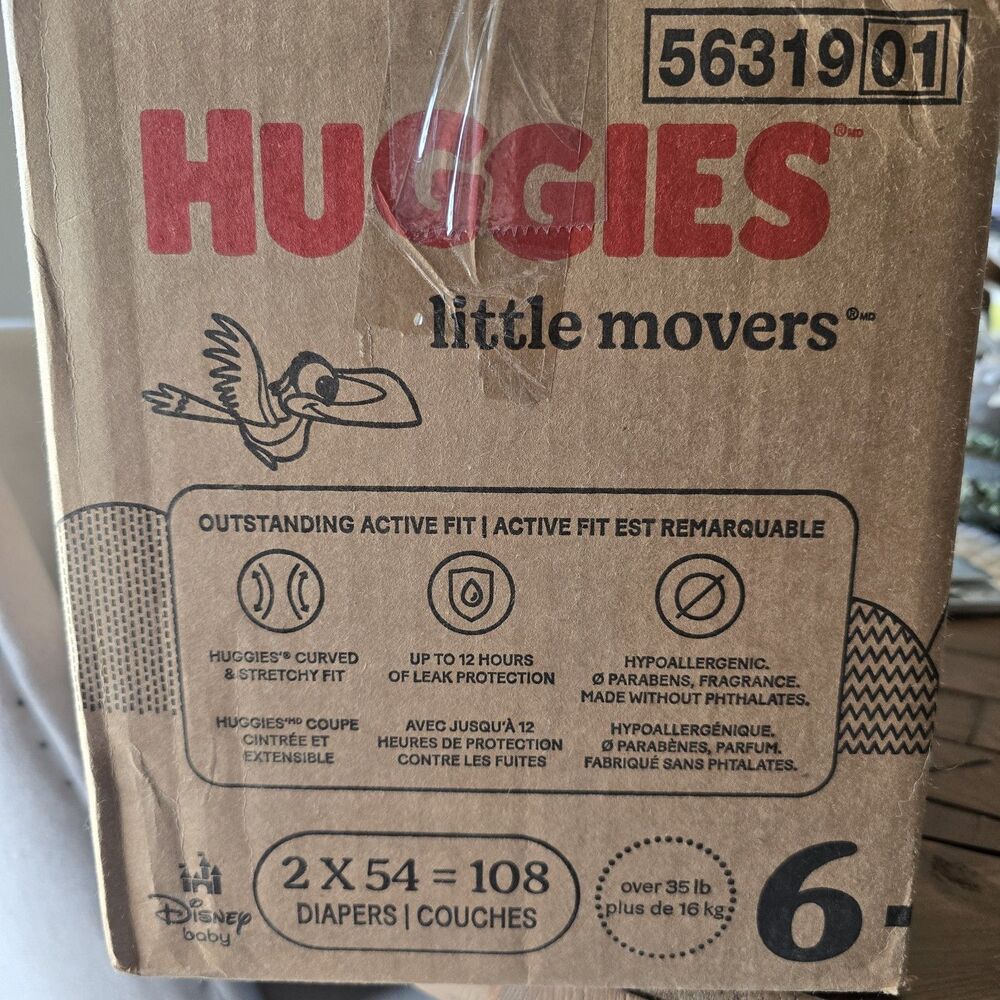 108 CT Case Size 6 Huggies Little Movers Diapers (35+ lbs) Disney Baby Lion King